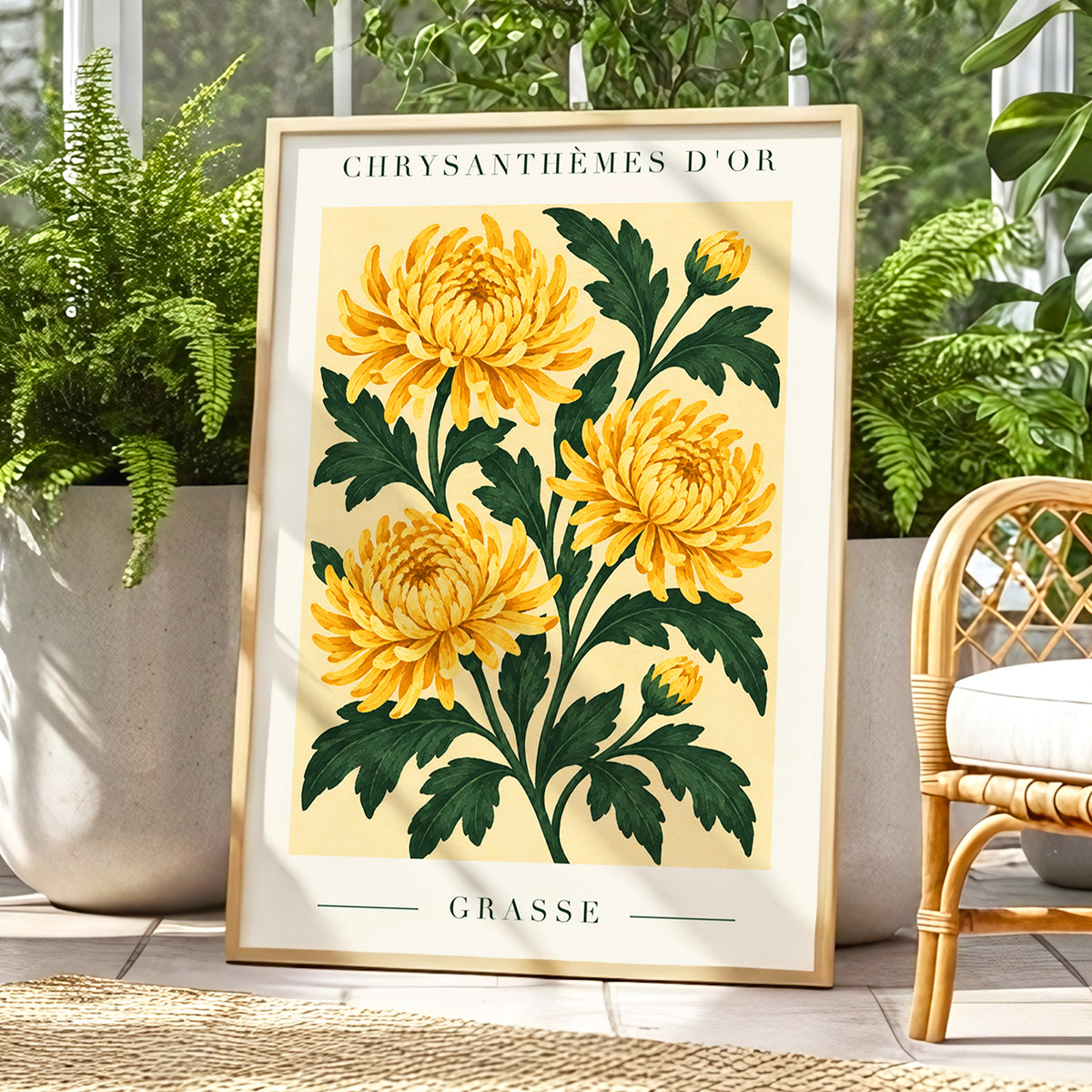 Golden Grasse Blooms, yellow, gold, green floral wall art displayed in a styled interior, gallery view 6