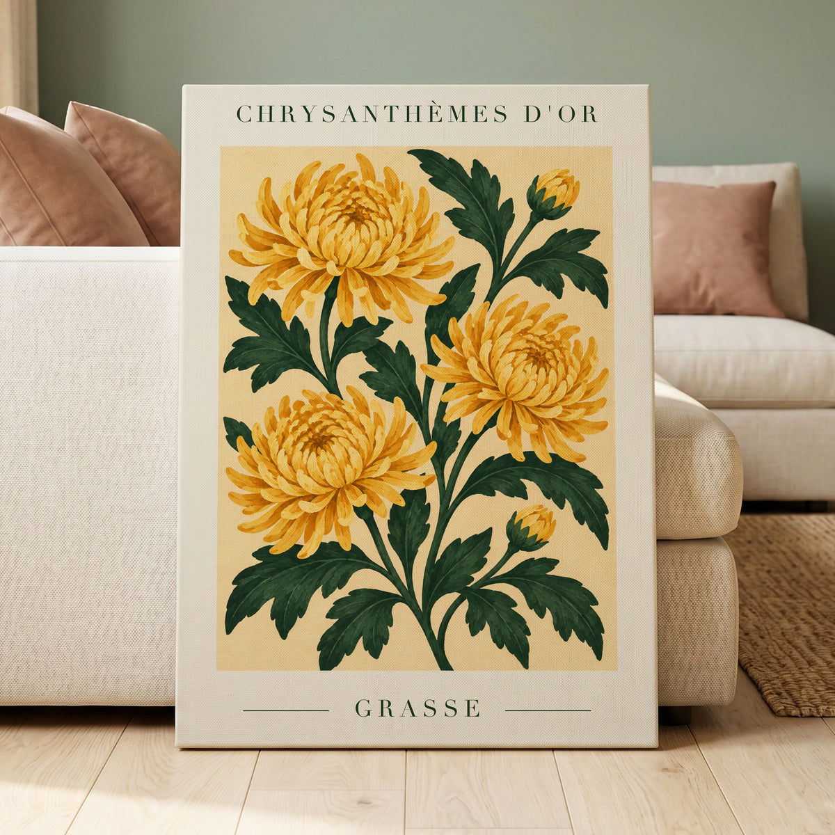 Golden Grasse Blooms, yellow, gold, green floral wall art displayed in a styled interior, gallery view 7