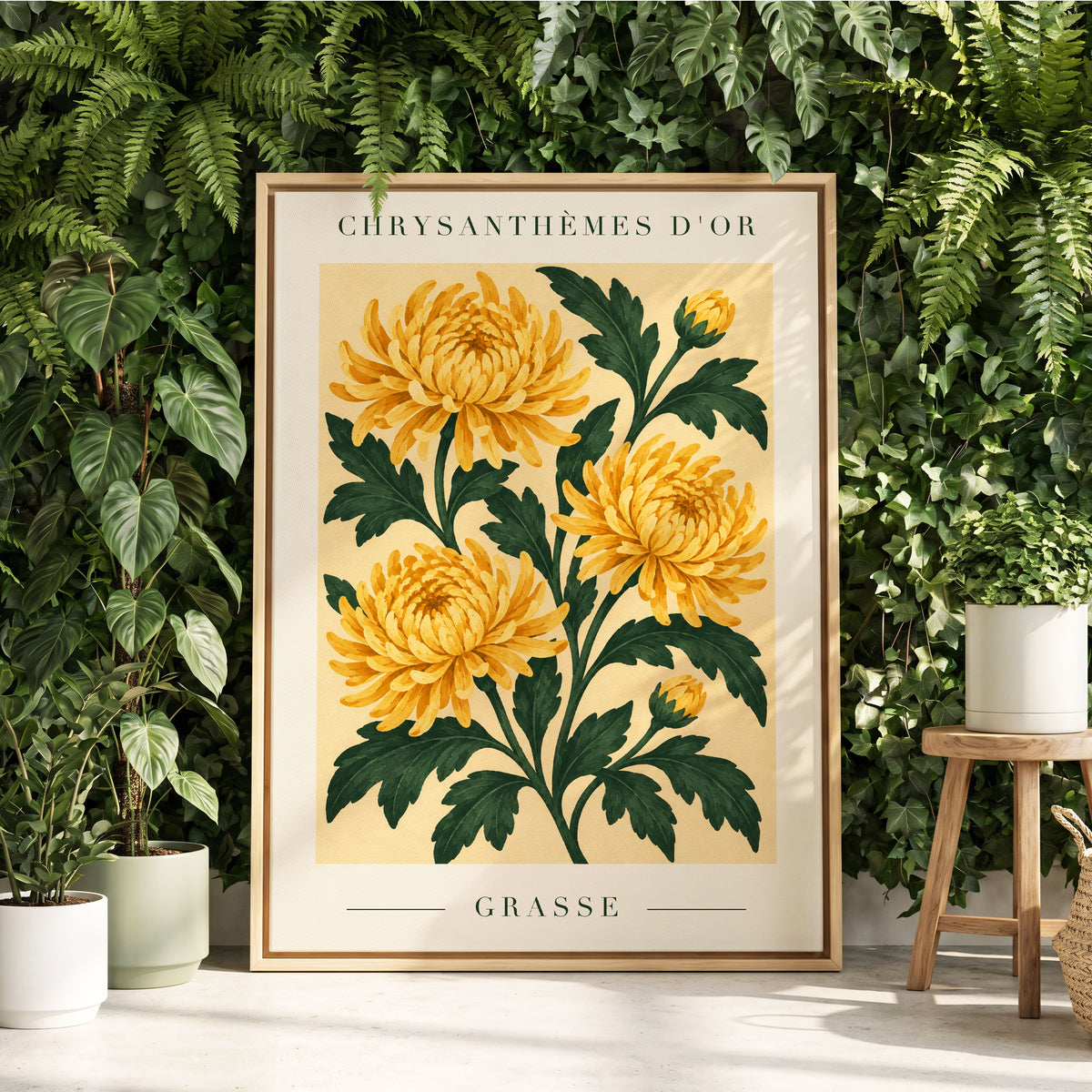 Golden Grasse Blooms, yellow, gold, green floral wall art displayed in a styled interior, gallery view 8