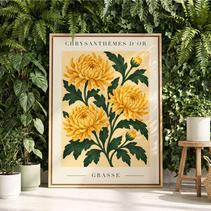 Golden Grasse Blooms, yellow, gold, green floral wall art displayed in a styled interior, gallery view 8