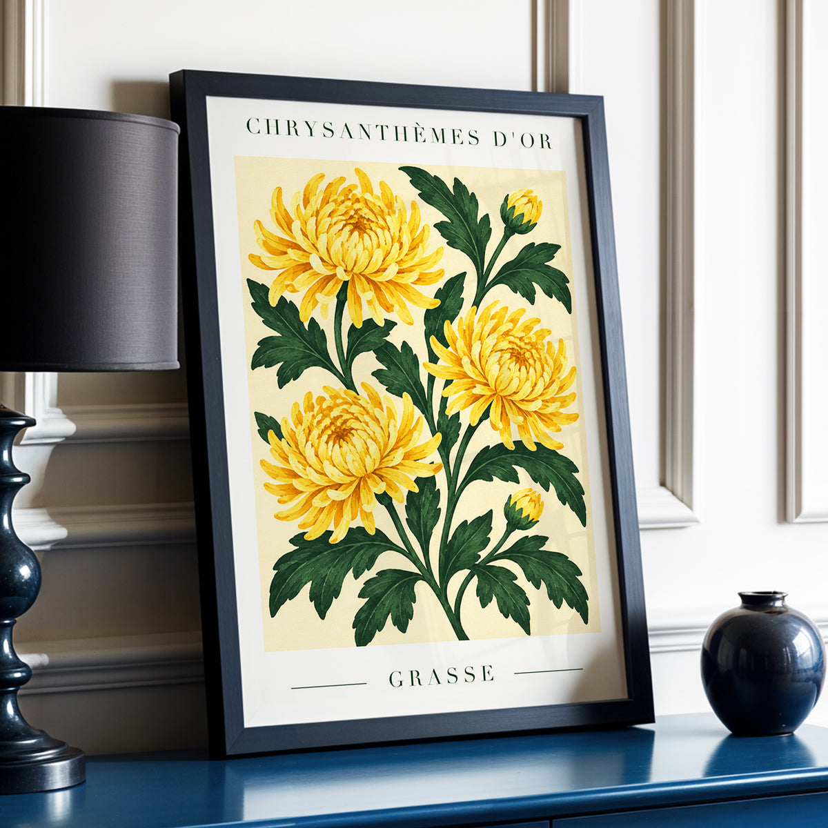 Golden Grasse Blooms, yellow, gold, green floral wall art displayed in a styled interior, gallery view 9