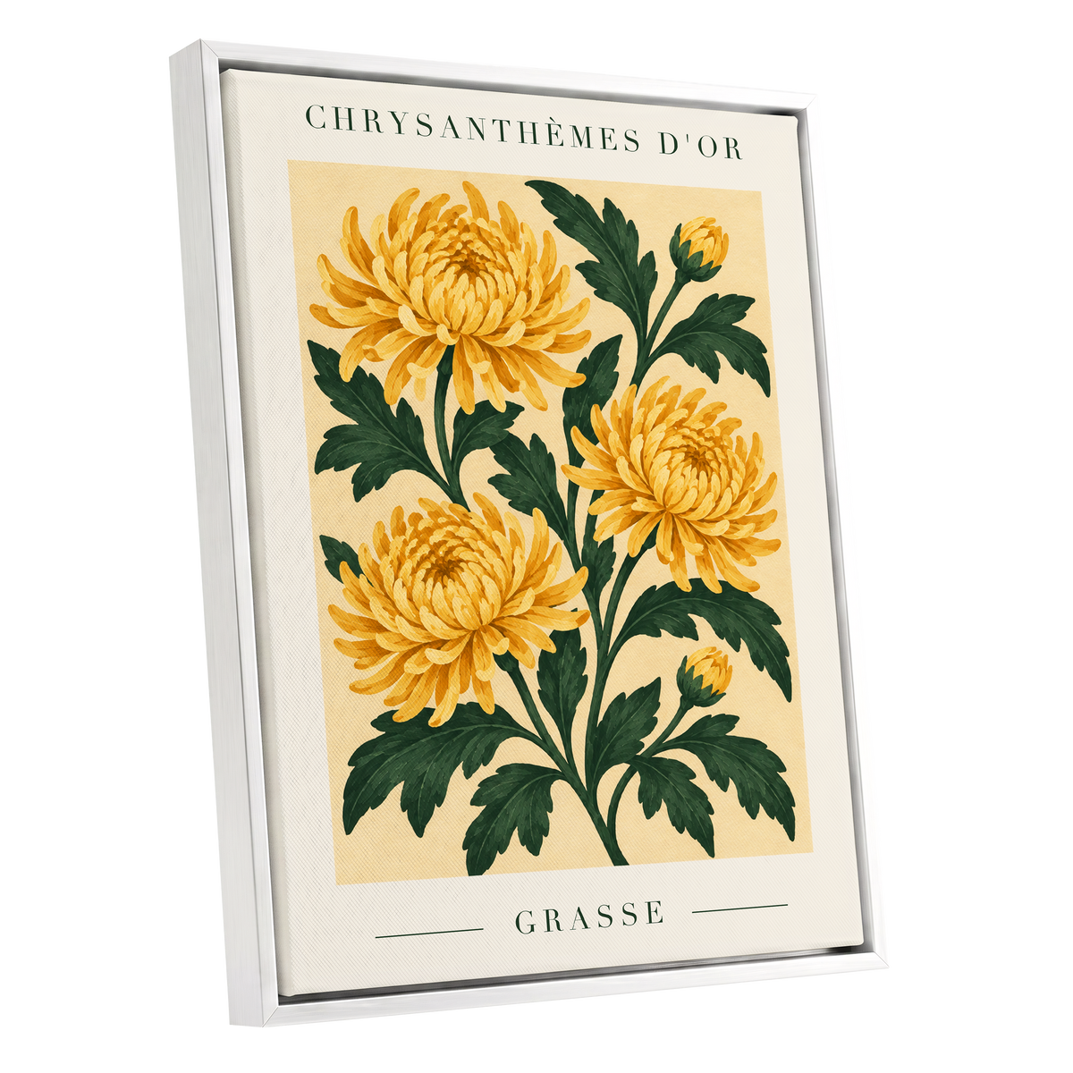 Golden Grasse Blooms, yellow, gold, green floral wall art shown as a white framed canvas wall art