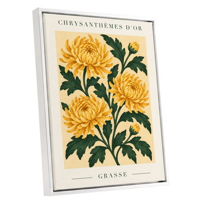 Golden Grasse Blooms, yellow, gold, green floral wall art shown as a white framed canvas wall art