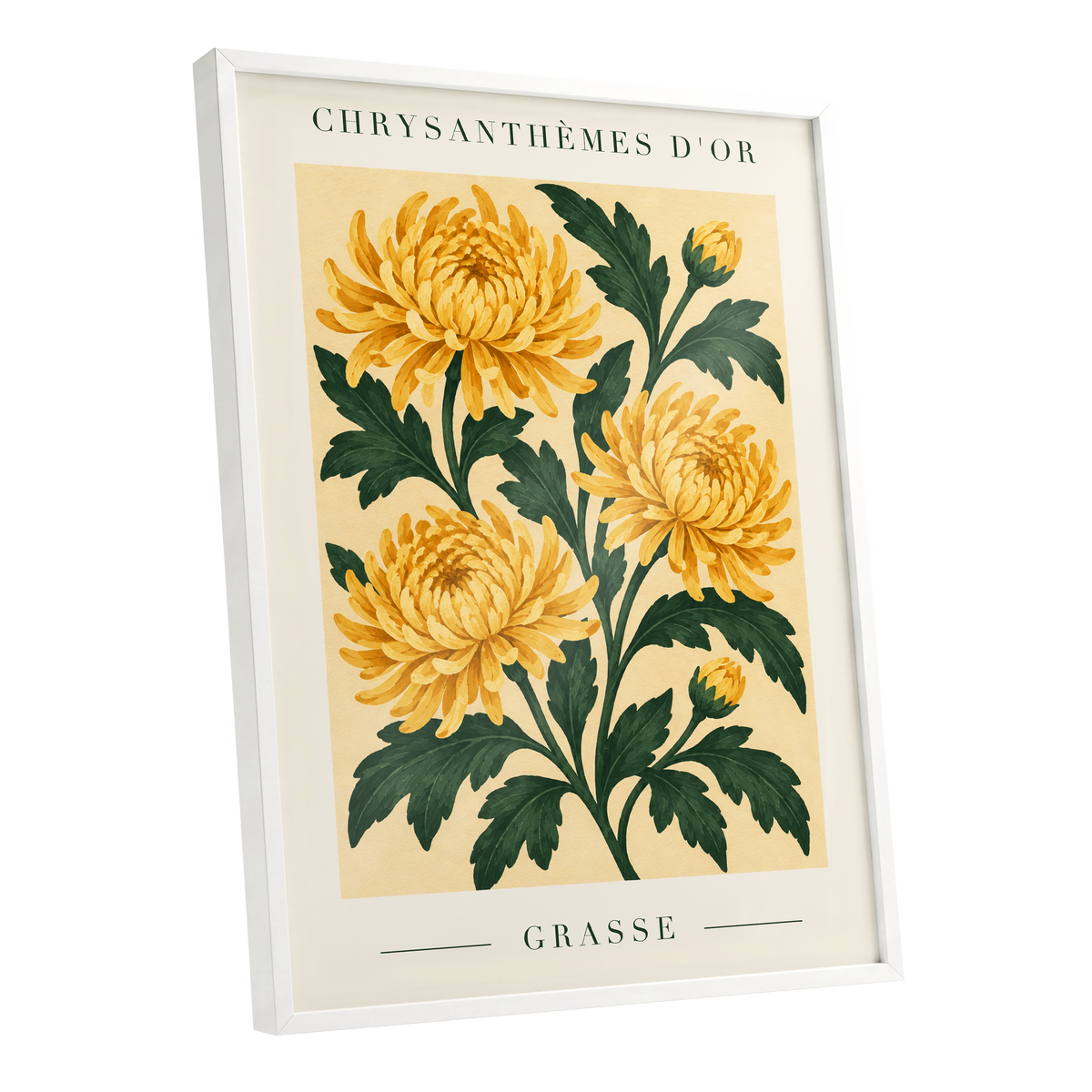 Golden Grasse Blooms, yellow, gold, green floral wall art shown as a white framed poster wall art print