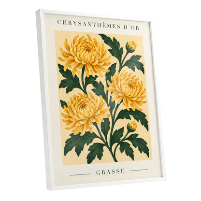 Golden Grasse Blooms, yellow, gold, green floral wall art shown as a white framed poster wall art print