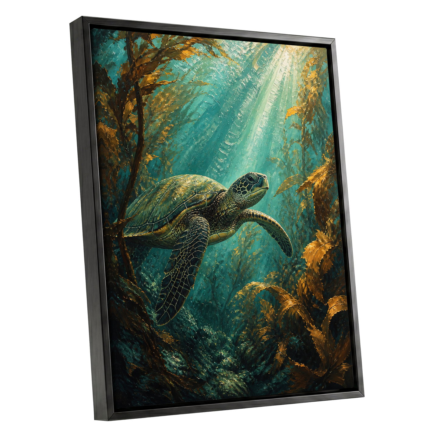 Golden Kelp Voyager, blue, green, gold nature wall art shown as a black framed canvas wall art