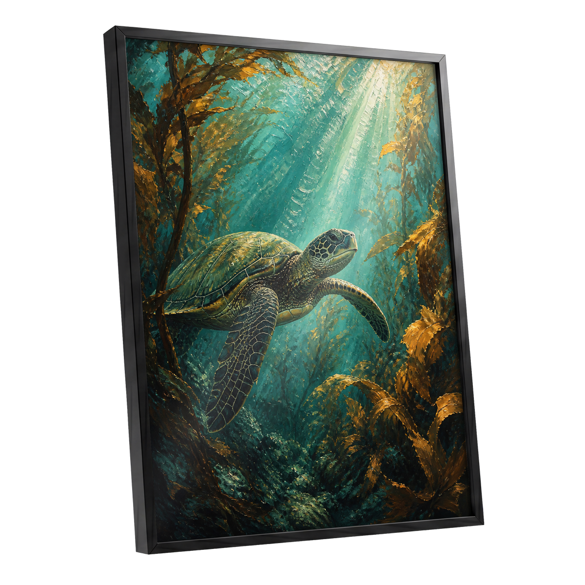 Golden Kelp Voyager, blue, green, gold nature wall art shown as a black framed poster wall art print