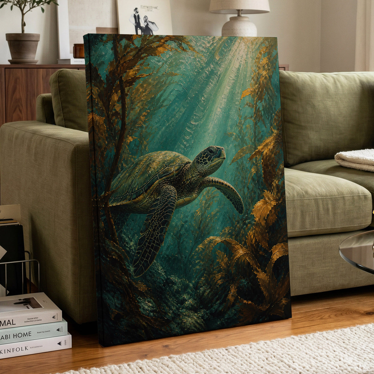 Golden Kelp Voyager, blue, green, gold nature wall art on canvas displayed in a styled interior, gallery view 1
