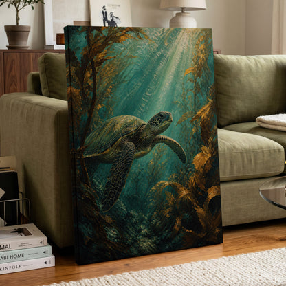 Golden Kelp Voyager, blue, green, gold nature wall art on canvas displayed in a styled interior, gallery view 1