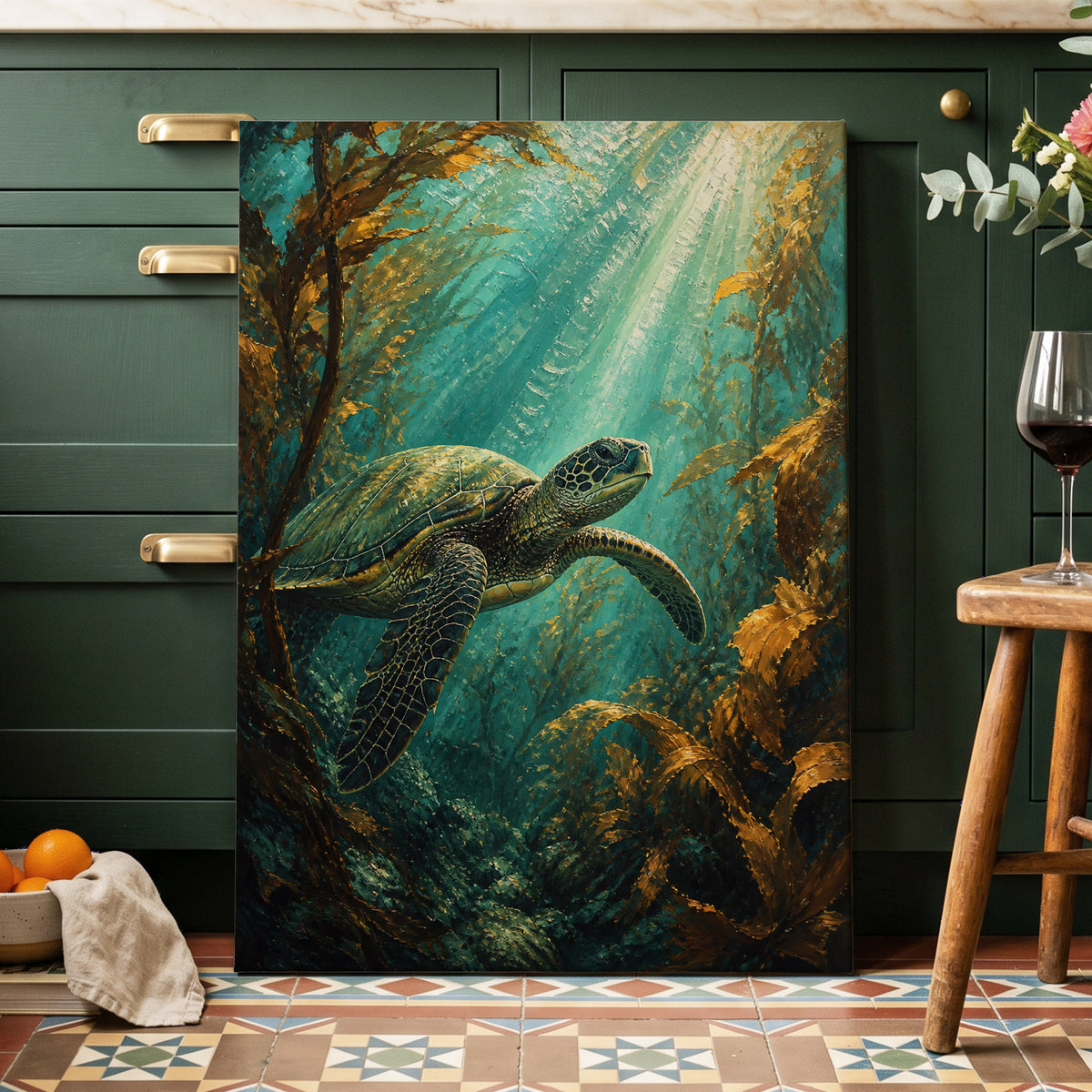Golden Kelp Voyager, blue, green, gold nature wall art on canvas displayed in a styled interior, gallery view 2