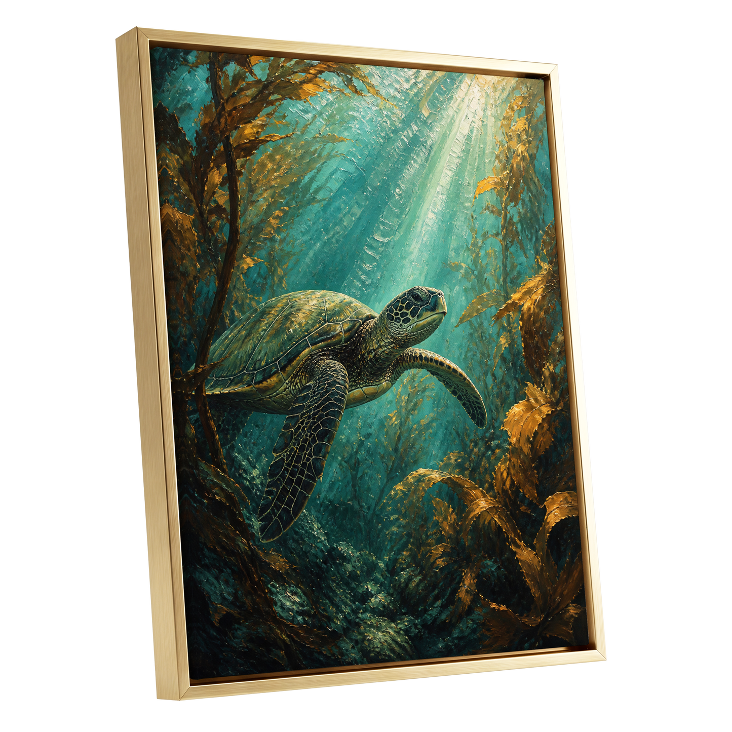 Golden Kelp Voyager, blue, green, gold nature wall art shown as a gold framed canvas wall art