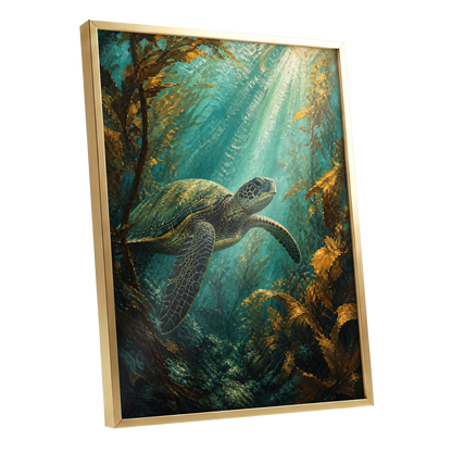 Golden Kelp Voyager, blue, green, gold nature wall art shown as a gold framed poster wall art print