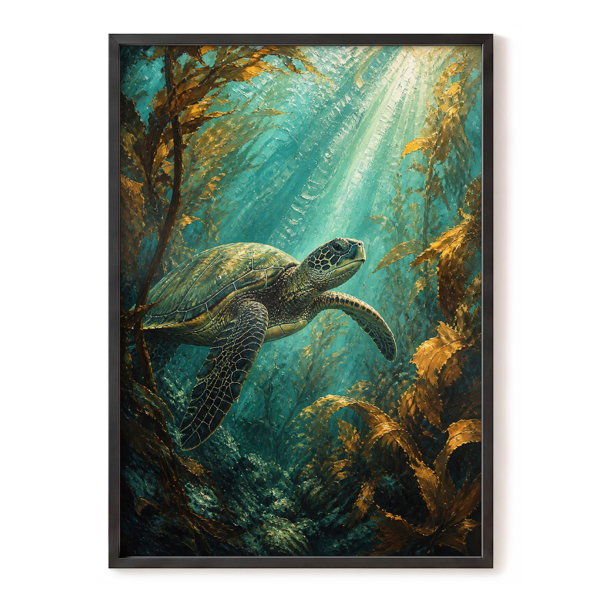 Golden Kelp Voyager, blue, green, gold nature wall art, front artwork view