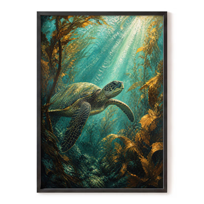 Golden Kelp Voyager, blue, green, gold nature wall art, front artwork view
