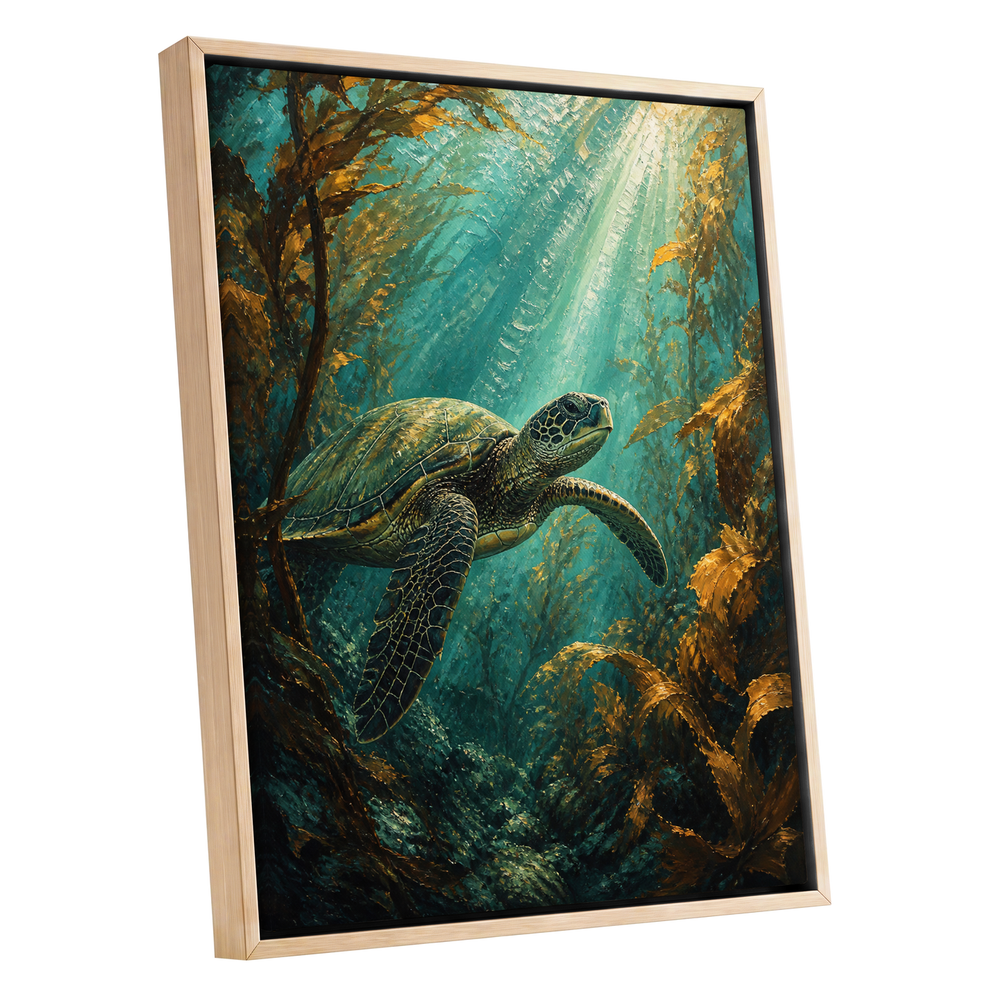 Golden Kelp Voyager, blue, green, gold nature wall art shown as a oak framed canvas wall art