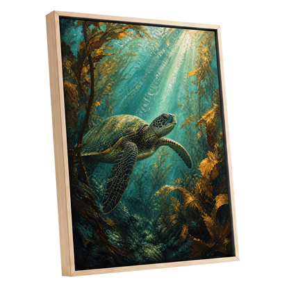Golden Kelp Voyager, blue, green, gold nature wall art shown as a oak framed canvas wall art
