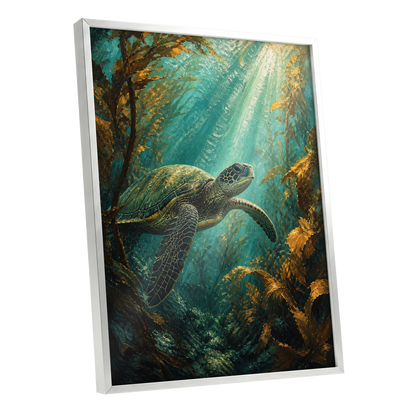 Golden Kelp Voyager, blue, green, gold nature wall art shown as a silver framed poster wall art print