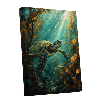 Golden Kelp Voyager, blue, green, gold nature wall art shown as a stretched canvas wall art