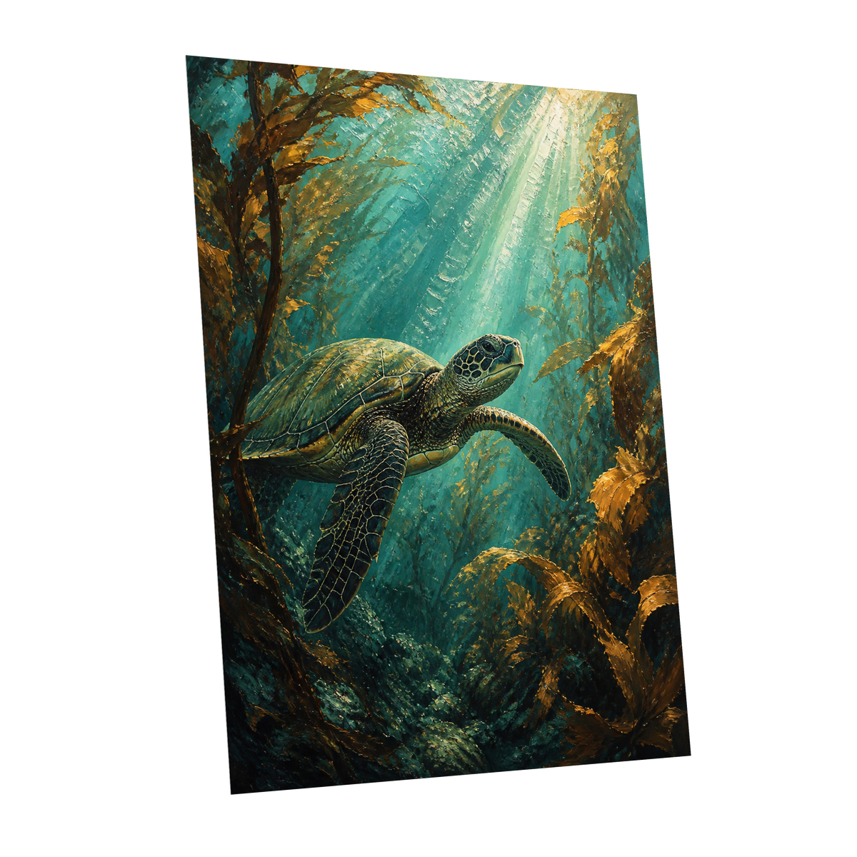 Golden Kelp Voyager, blue, green, gold nature wall art shown as a unframed poster wall art print