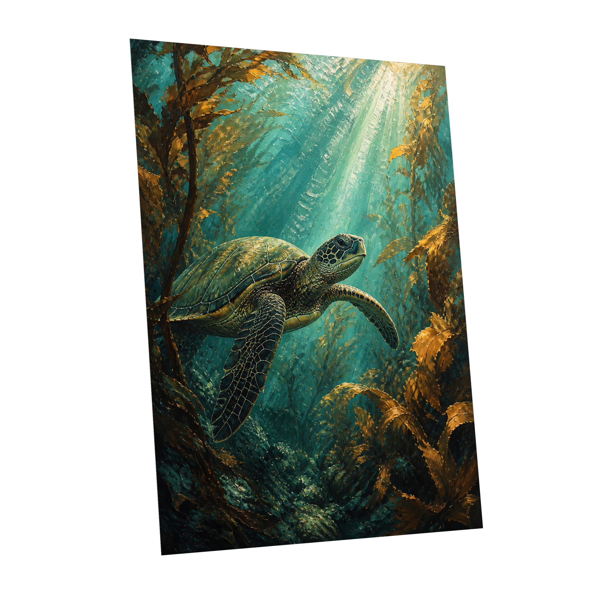Golden Kelp Voyager, blue, green, gold nature wall art shown as a unframed poster wall art print
