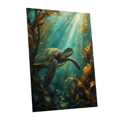 Golden Kelp Voyager, blue, green, gold nature wall art shown as a unframed poster wall art print