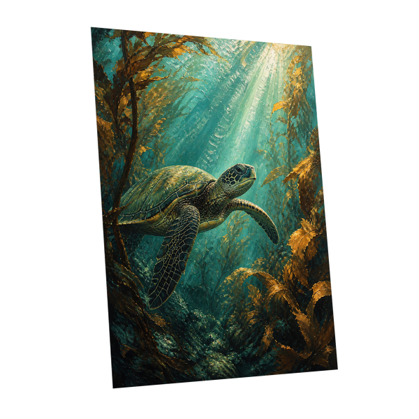 Golden Kelp Voyager, blue, green, gold nature wall art shown as a unframed poster wall art print