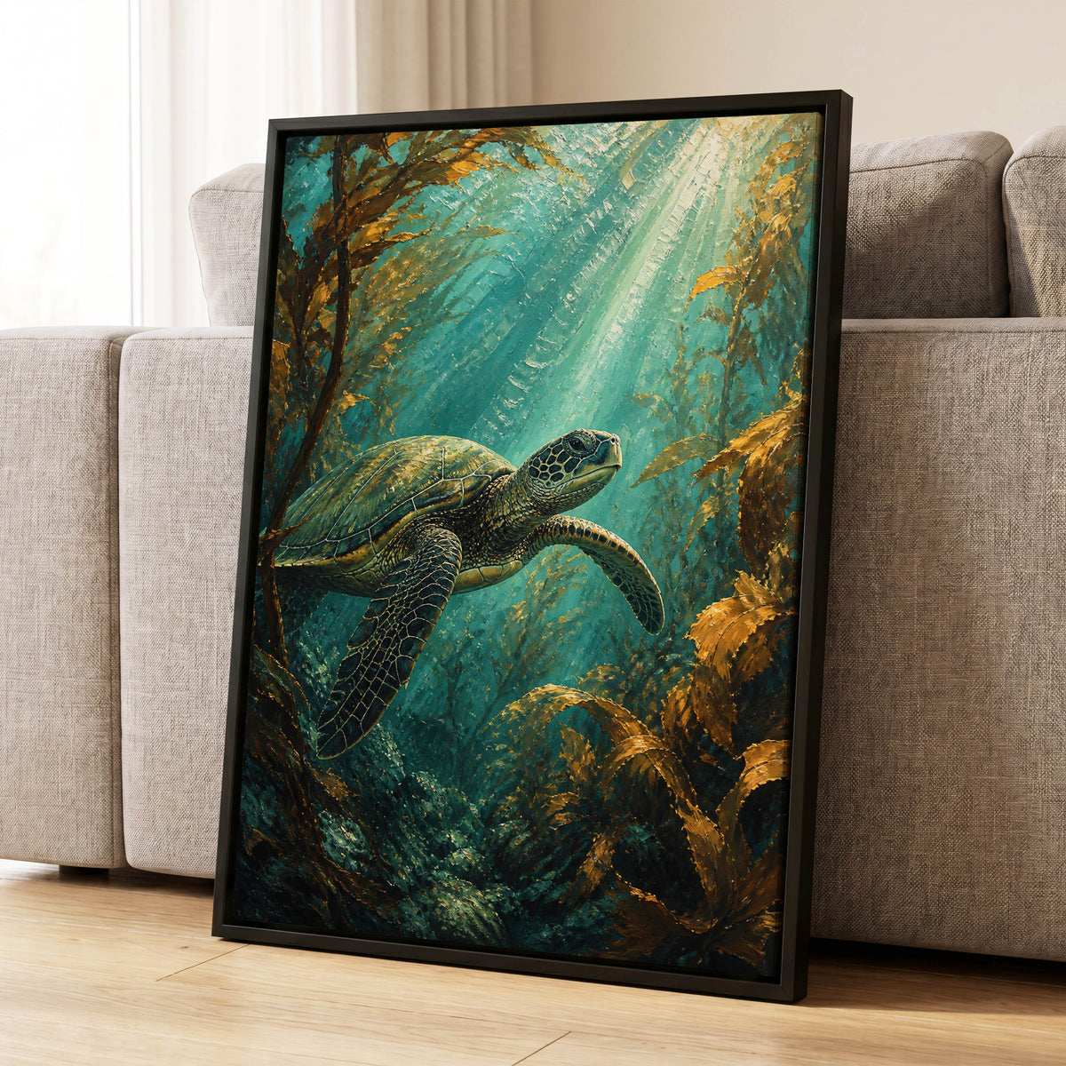 Golden Kelp Voyager, blue, green, gold nature wall art displayed in a styled interior, gallery view 1