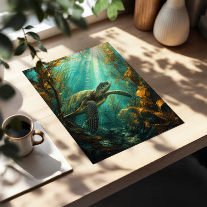 Golden Kelp Voyager, blue, green, gold nature wall art displayed in a styled interior, gallery view 2