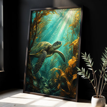 Golden Kelp Voyager, blue, green, gold nature wall art displayed in a styled interior, gallery view 3