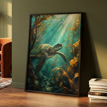 Golden Kelp Voyager, blue, green, gold nature wall art displayed in a styled interior, gallery view 4