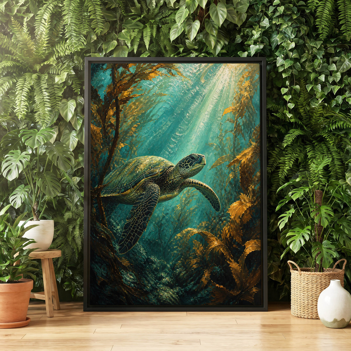 Golden Kelp Voyager, blue, green, gold nature wall art displayed in a styled interior, gallery view 5