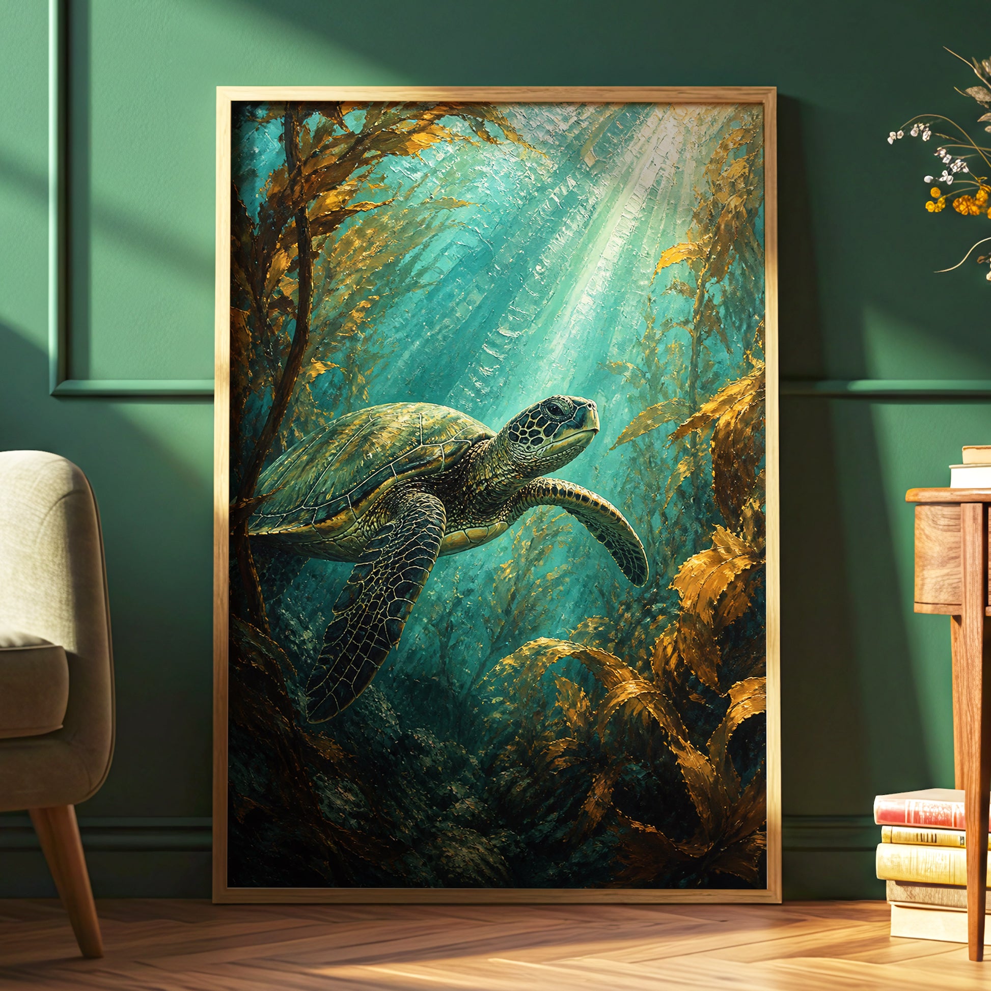 Golden Kelp Voyager, blue, green, gold nature wall art displayed in a styled interior, gallery view 6
