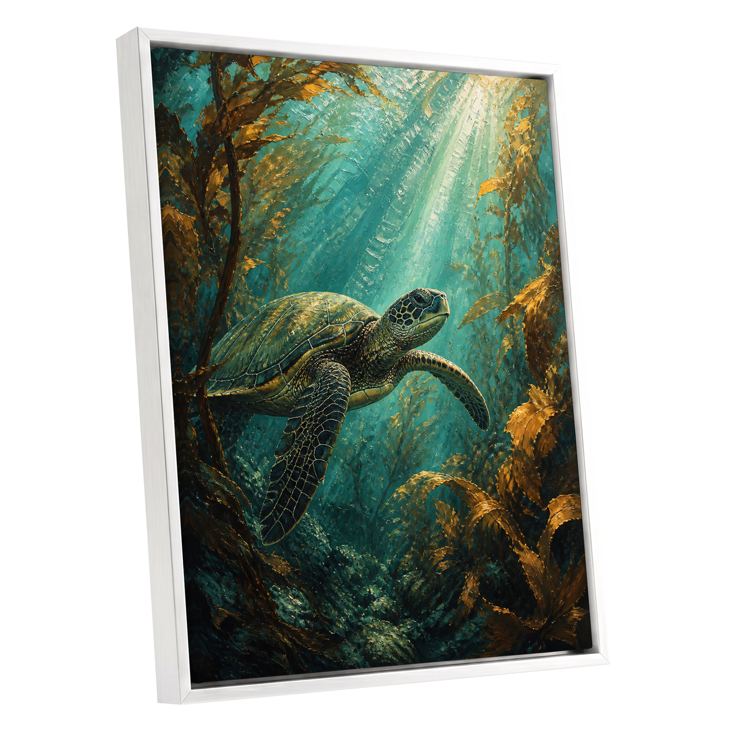 Golden Kelp Voyager, blue, green, gold nature wall art shown as a white framed canvas wall art