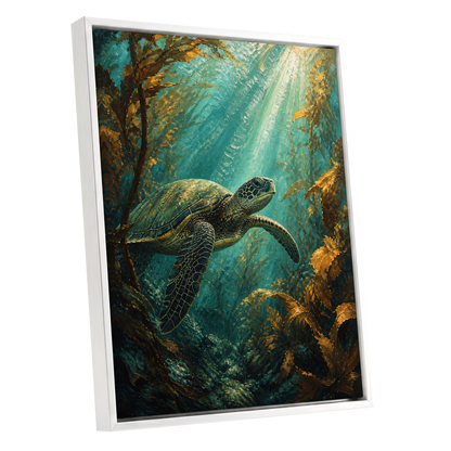 Golden Kelp Voyager, blue, green, gold nature wall art shown as a white framed canvas wall art
