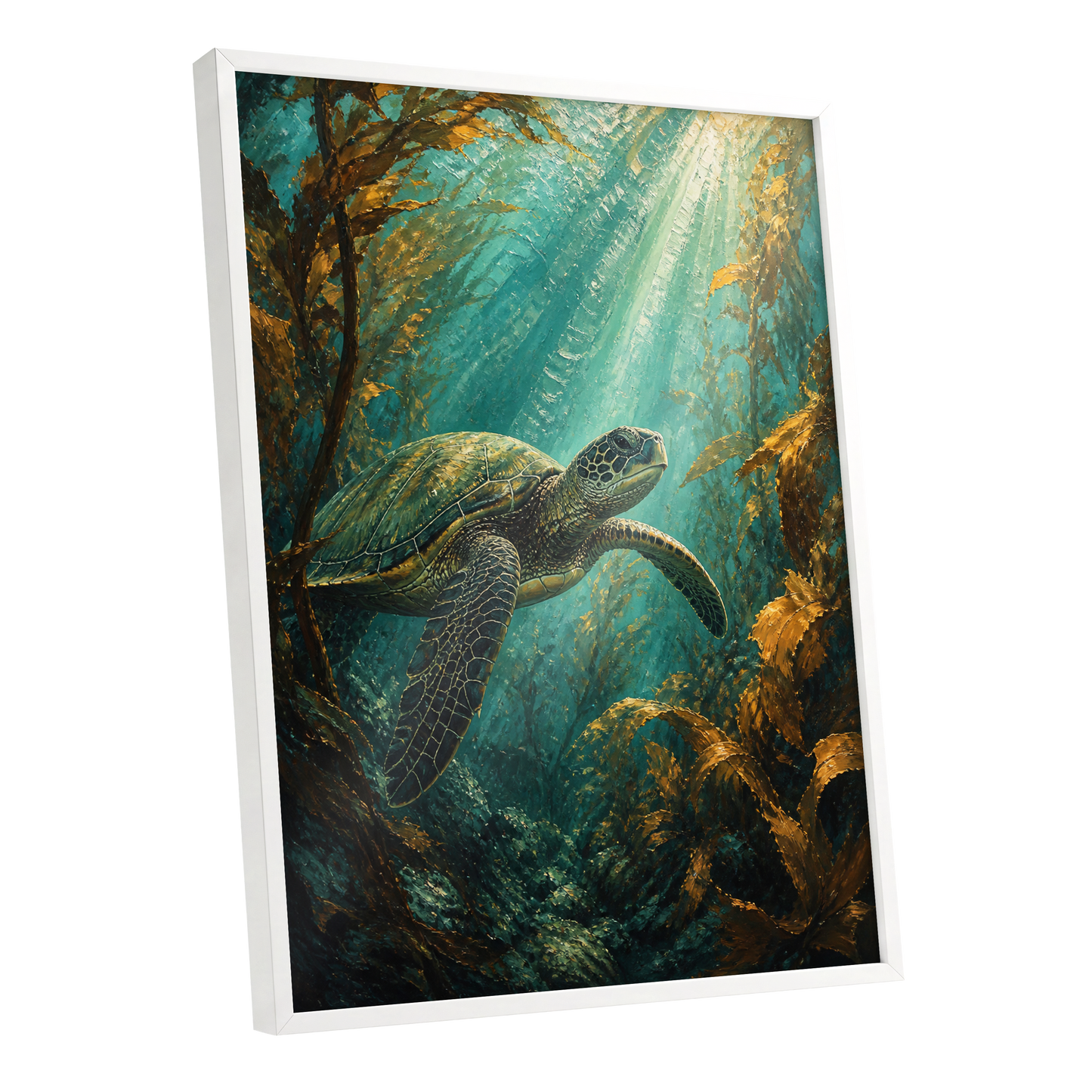 Golden Kelp Voyager, blue, green, gold nature wall art shown as a white framed poster wall art print