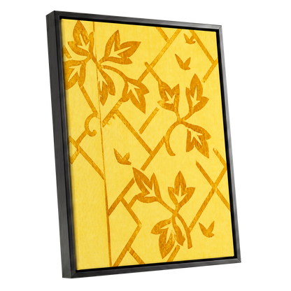 Golden Leaf Lattice, yellow, gold, orange nature wall art shown as a black framed canvas wall art