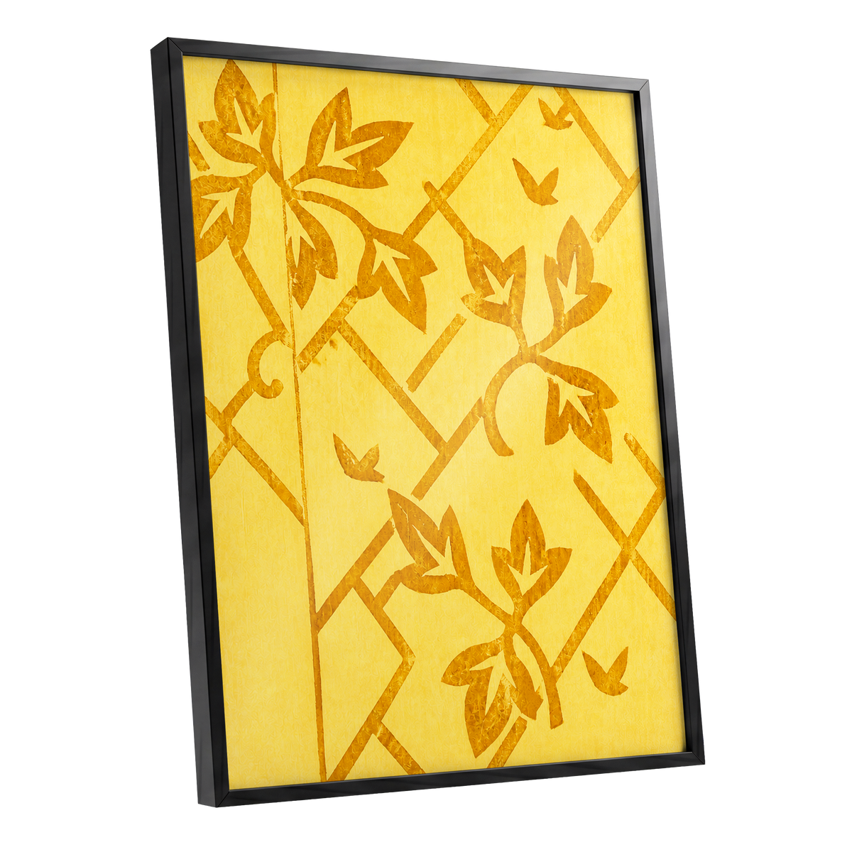 Golden Leaf Lattice, yellow, gold, orange nature wall art shown as a black framed poster wall art print