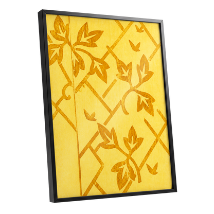 Golden Leaf Lattice, yellow, gold, orange nature wall art shown as a black framed poster wall art print