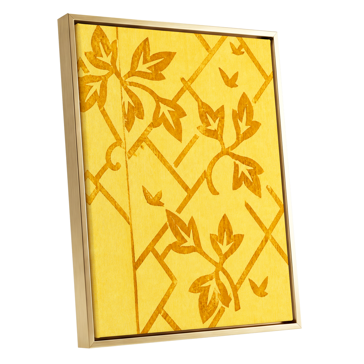 Golden Leaf Lattice, yellow, gold, orange nature wall art shown as a gold framed canvas wall art