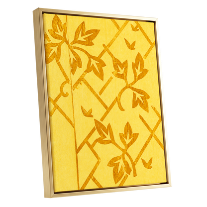 Golden Leaf Lattice, yellow, gold, orange nature wall art shown as a gold framed canvas wall art
