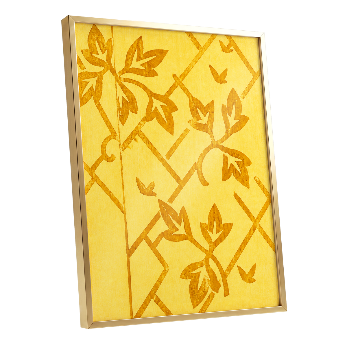 Golden Leaf Lattice, yellow, gold, orange nature wall art shown as a gold framed poster wall art print