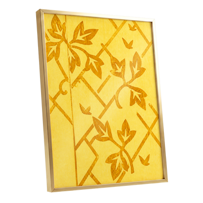 Golden Leaf Lattice, yellow, gold, orange nature wall art shown as a gold framed poster wall art print