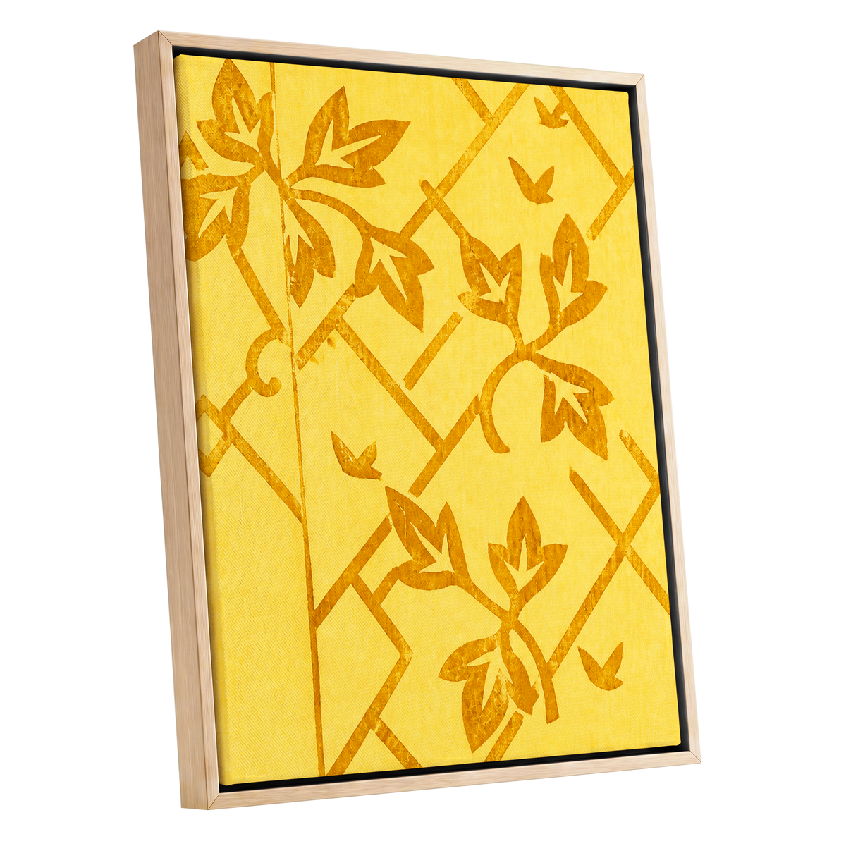 Golden Leaf Lattice, yellow, gold, orange nature wall art shown as a oak framed canvas wall art