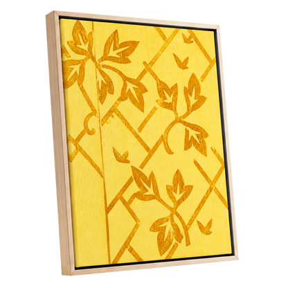 Golden Leaf Lattice, yellow, gold, orange nature wall art shown as a oak framed canvas wall art