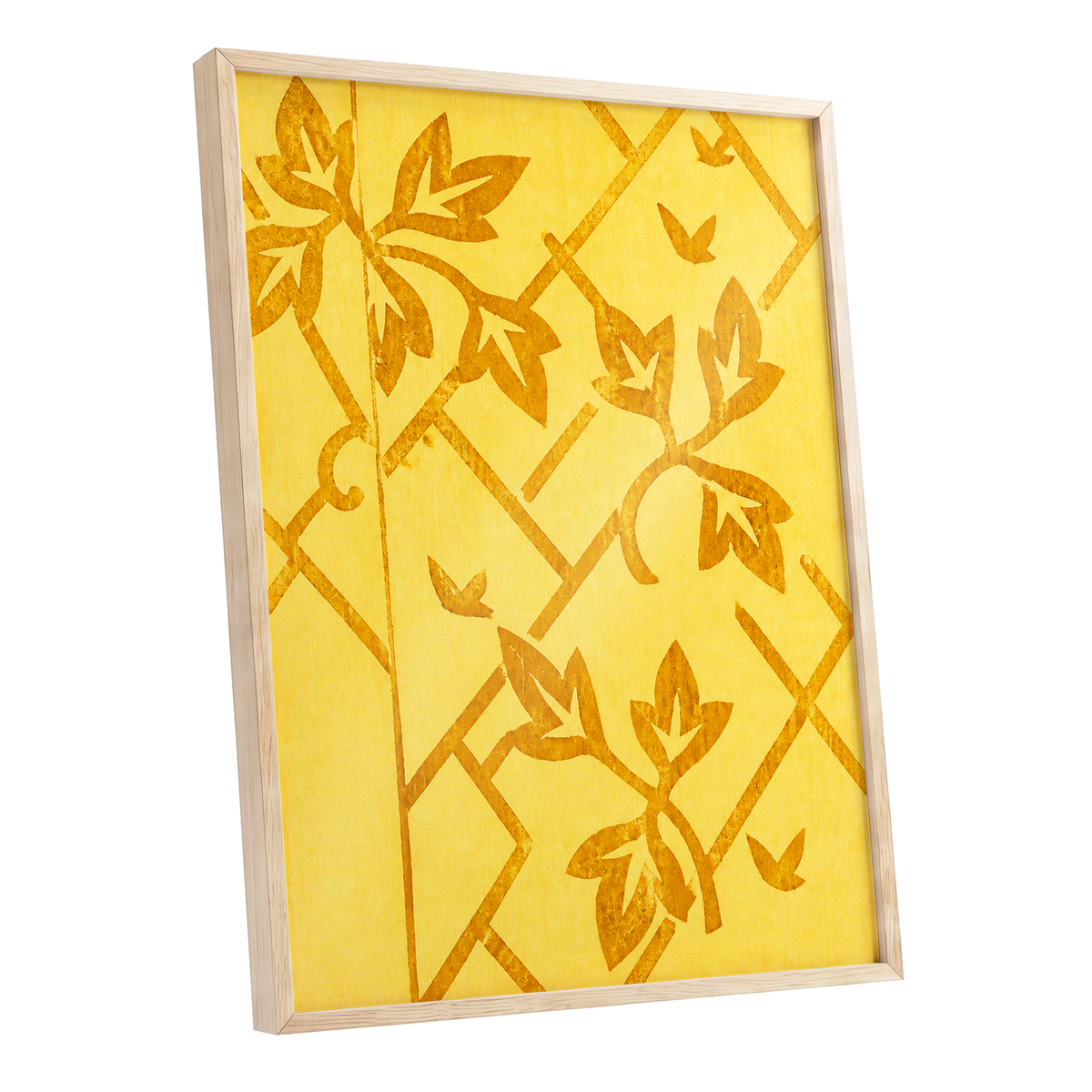 Golden Leaf Lattice, yellow, gold, orange nature wall art shown as a oak framed poster wall art print