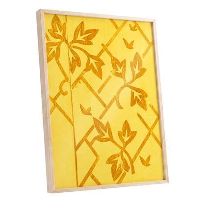 Golden Leaf Lattice, yellow, gold, orange nature wall art shown as a oak framed poster wall art print