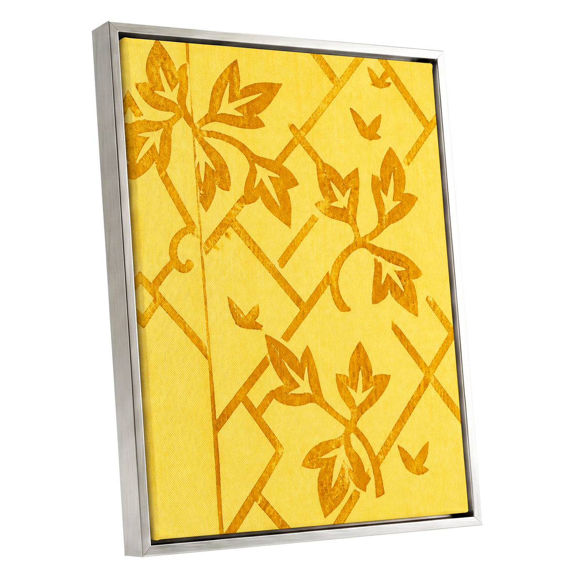 Golden Leaf Lattice, yellow, gold, orange nature wall art shown as a silver framed canvas wall art