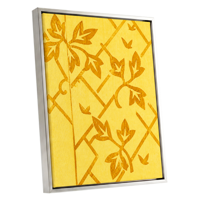 Golden Leaf Lattice, yellow, gold, orange nature wall art shown as a silver framed canvas wall art