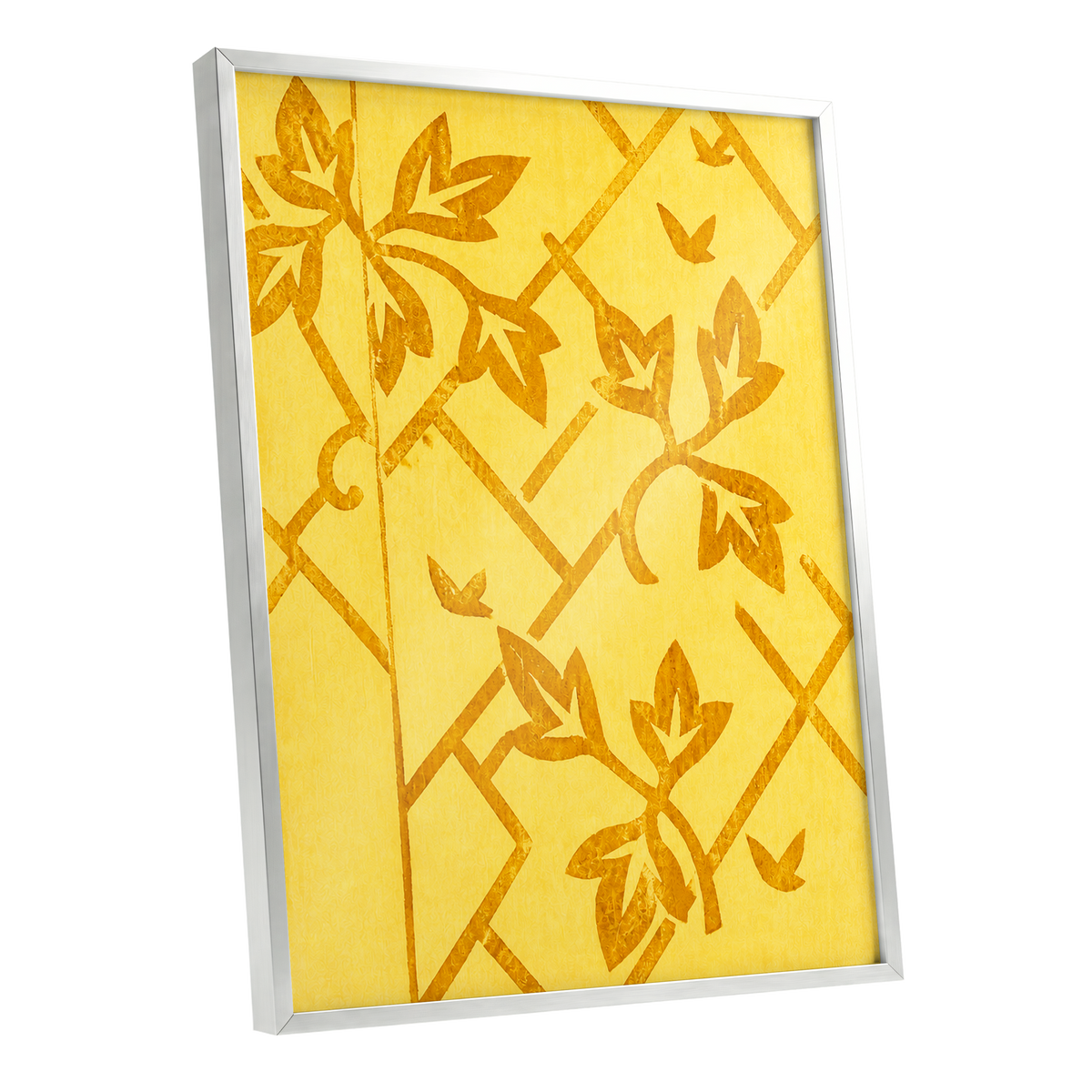 Golden Leaf Lattice, yellow, gold, orange nature wall art shown as a silver framed poster wall art print