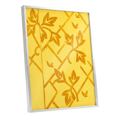 Golden Leaf Lattice, yellow, gold, orange nature wall art shown as a silver framed poster wall art print